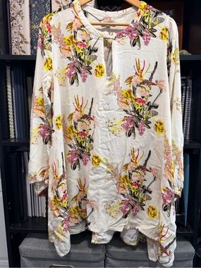 Cost Plus World Market Cream Floral Blouse with Pink & Yellow Accents